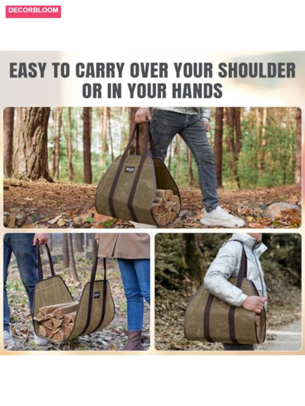 Waxed Canvas Firewood Log Carrier Tote Bag with Leather Handles - Picture 4 of 5